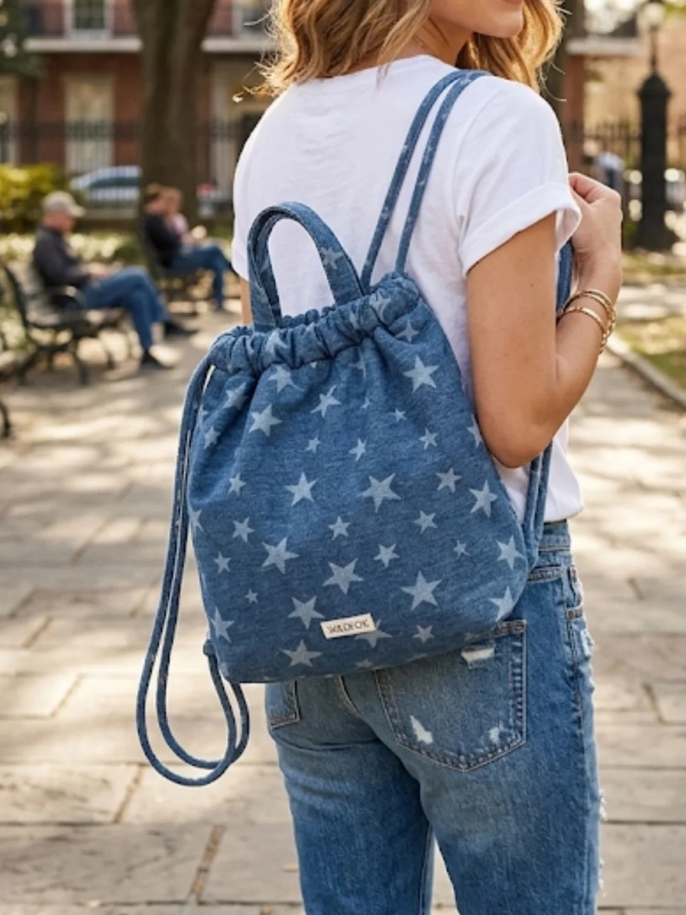 Wildfox Blue Star-Print Denim Drawstring Summer bag Backpack